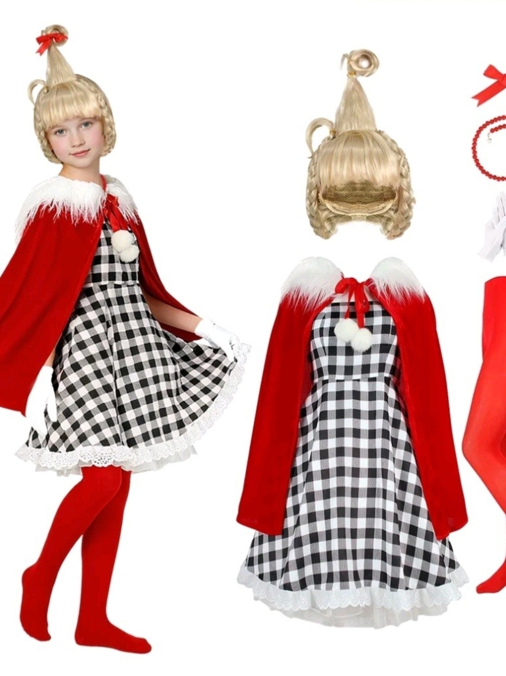 New Cindy Lou Who Halloween Costume Girls Large Dress Hair Cape Gloves Tights +